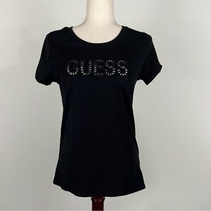 Guess Black Eyelet Cutout Logo Short Sleeve T-Shirt Size: Large NWT